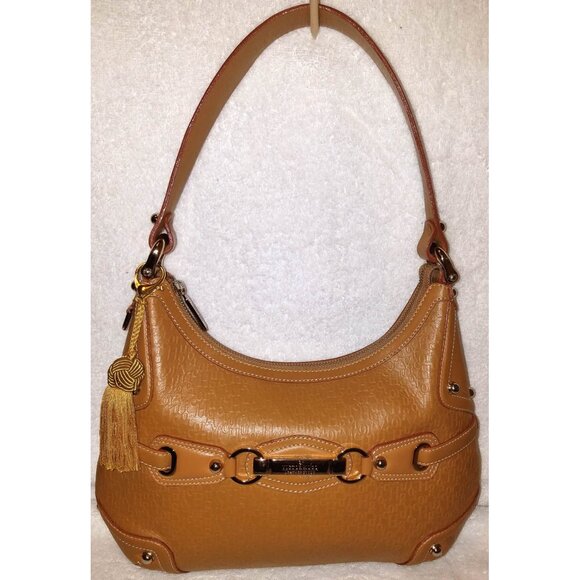 VICTOR HUGO BROWN EMBOSSED MONOGRAM LEATHER SHOULDER HANDBAG - Picture 1 of 5